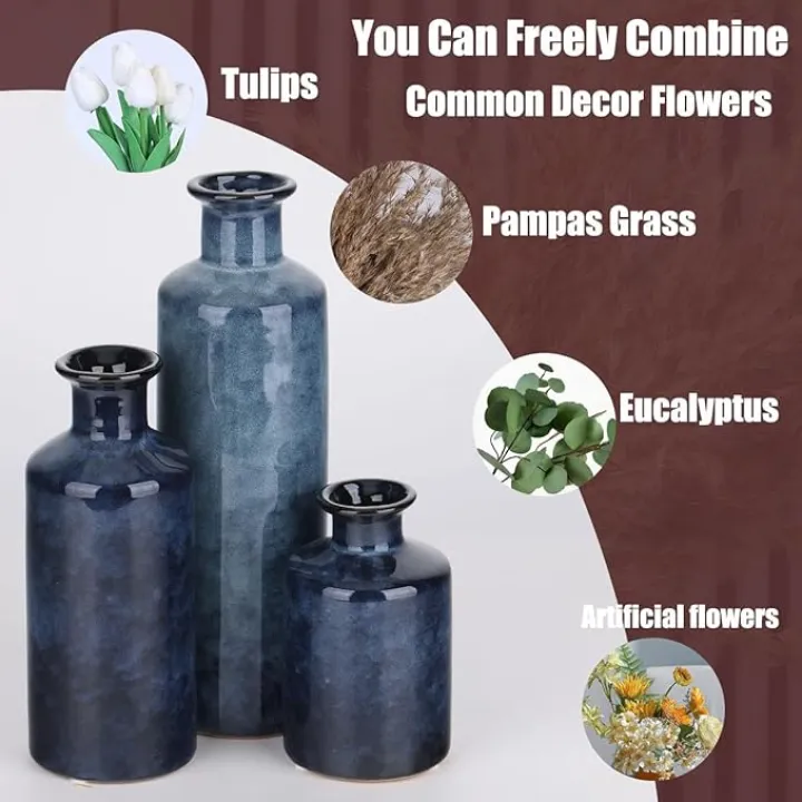 Blue Ceramic Vase Set - 3 Blue Small Vases, Farmhouse Country Flower Vase Home Decor, Living Room Decoration, Table Decoration, Fireplace Decor, and Entrance Decorations Centerpieces