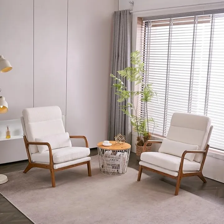 Bonnlo High Back Teddy Fleece White Accent Chairs Set of 2, Upholstered Mid Century Modern Lounge Chairs Reading Chairs Side Sitting Chair Farmhouse Armchairs for Living Room, Bedroom, Guest Room