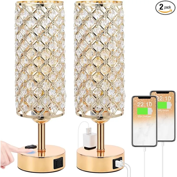 Hong-in Gold Lamps Set of 2, Dimmable Gold Lamps for Nightstand with USB-C+A & AC Charging Ports, 3-Way USB Crystal Lamp, Bedside Desk Light for Bedroom Living Room Home Office(Bulb Included)
