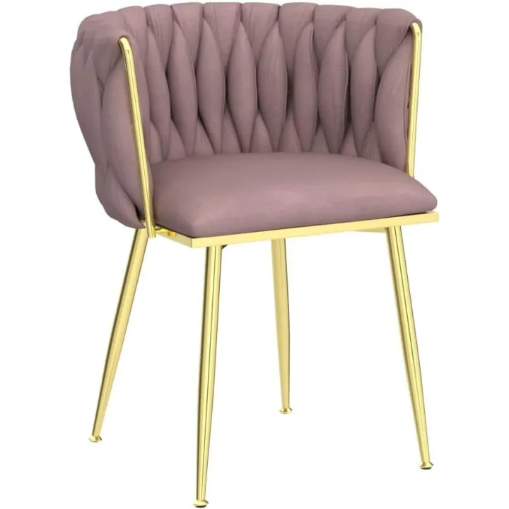 Nrizc Woven Dining Chairs Set of 4, Velvet Upholstered Dining Chairs with Gold Metal Legs, Modern Accent Chairs for Living Room, Dining Room, Kitchen (Pink)