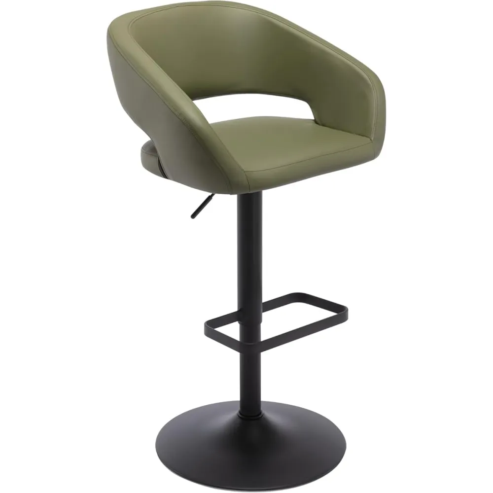 Vogue Furniture Direct Adjustable Bar Stool with Hollow Back and Arms, Modern PU Leather Swivel Barstool, Airlift Counter Height Bar Chair for Kitchen Dining Room (Olive Green, Black Base)