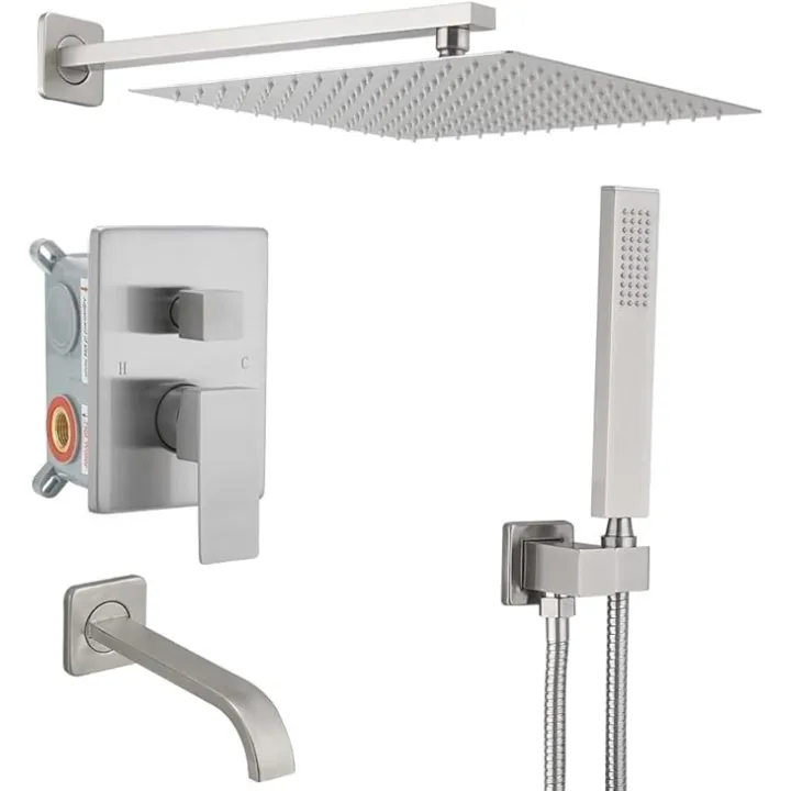 Brushed Nickel Rain Shower System Tub Shower Faucet Set 12 Inch Square Rainfall Shower Head with Handheld Sprayer and Tub Spout Rough-in Valve Shower Mixer Combo