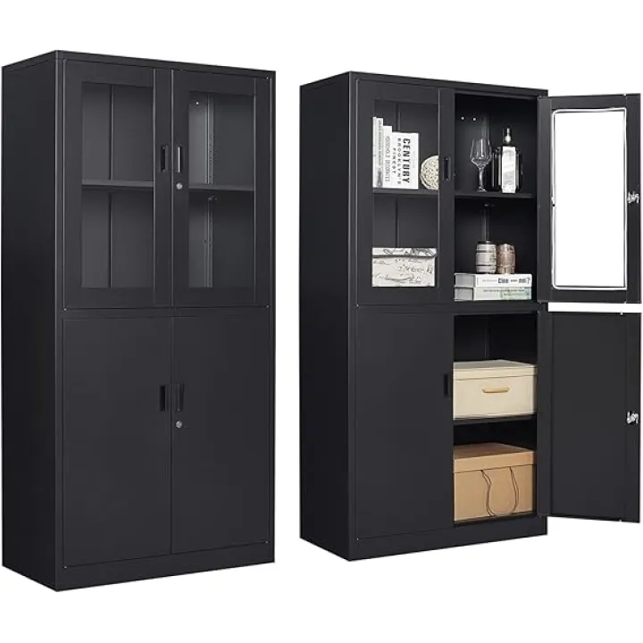 71”H Display Cabinet with Adjustable Shelves, 4 Door Display Cabinets with Glass Door, Black Metal Display case, Locking Steel Storage Caninet for Home/Office/Living Room -Assembly Required