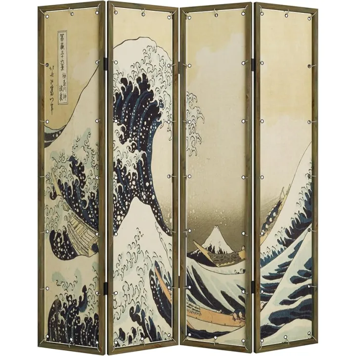 Room Divider 4 - Panel Folding Room Divider Single Side Japanese Ukiyoe Painting Wood Privacy Screens Foldable Portable Room Separating Room Partitions Freestanding Home Decor 71'' High