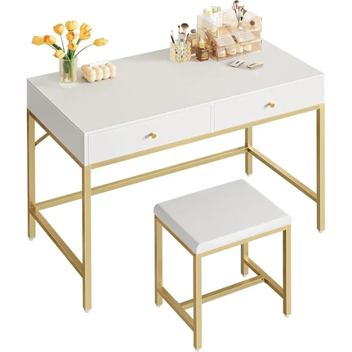 SUPERJARE 35.4" White and Gold Desk with 2 Drawers, Modern Makeup Vanity with Padded Stool, Small Computer Desk Home Office Desk for Writing Study Bedroom
