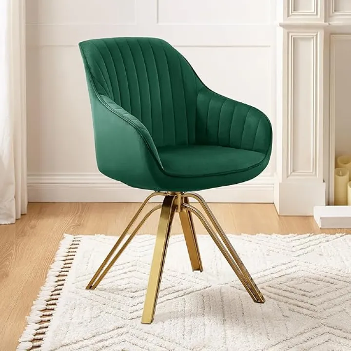 Art Leon Mid Century Modern Swivel Accent Chair, Desk Chair No Wheels, Fabric Upholstered Armchair with Gold Legs, Chair for Bedroom, Green Black