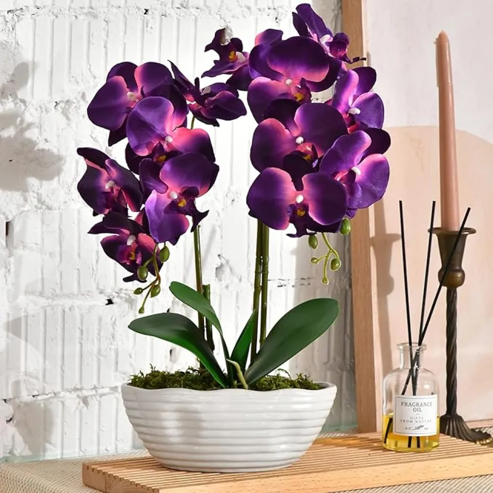 Large Artificial Potted Orchid Plant, Silk Flower Arrangement with Ceramics Vase, Dark Purple