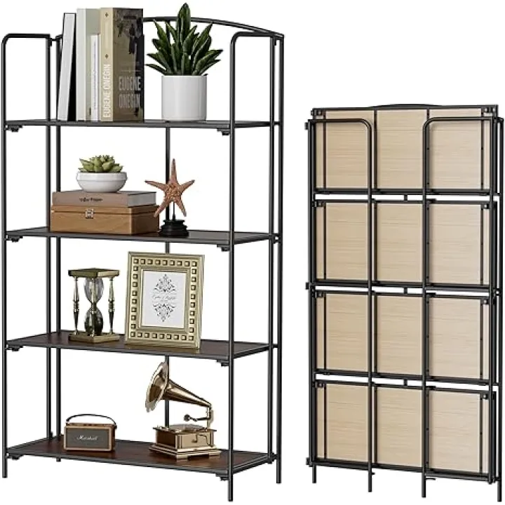 Crofy No Assembly Folding Bookshelf for Living Room, 4 Tier Black Collapsible Book Shelf for Home Office, Portable Bookcase Storage Organizer
