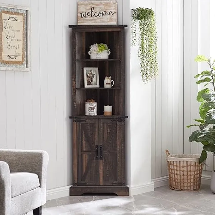 OKD Tall Corner Cabinet, Farmhouse Storage Cabinet with Barn Door Design & Adjustable Shelves, Home Space Saver for Bathroom, Living Room, Dark Rustic Oak