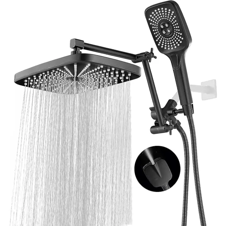 High Pressure Rain Shower Head with Handheld Spray Combo, 12 Inch Rainfall Square Shower Heads with Adjustable Extention Arm, Wide Dual Waterfall Showerhead with 3-Way Diverter(Matte Black)