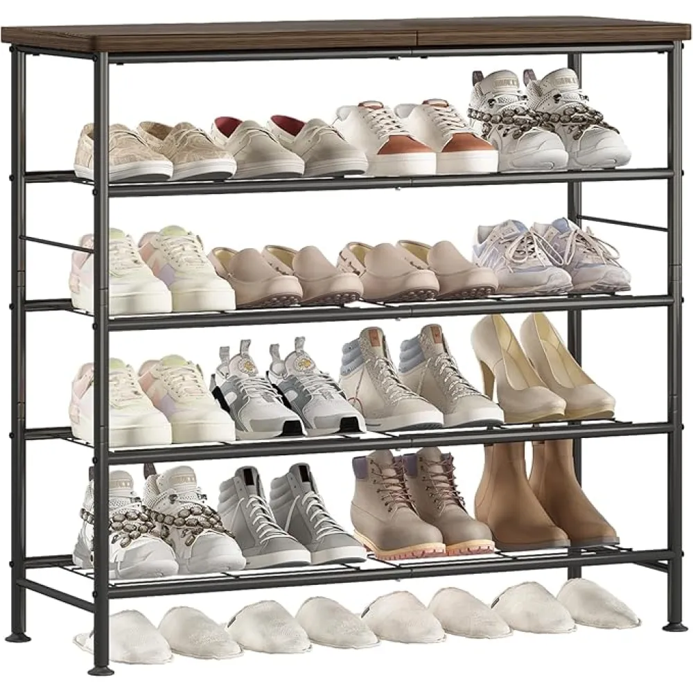 Shoe Rack Organizer 5 Tier for Closet Entryway Free Standing Metal Storage Shoe Shelf with MDF Top Board，Black+Rustic Brown