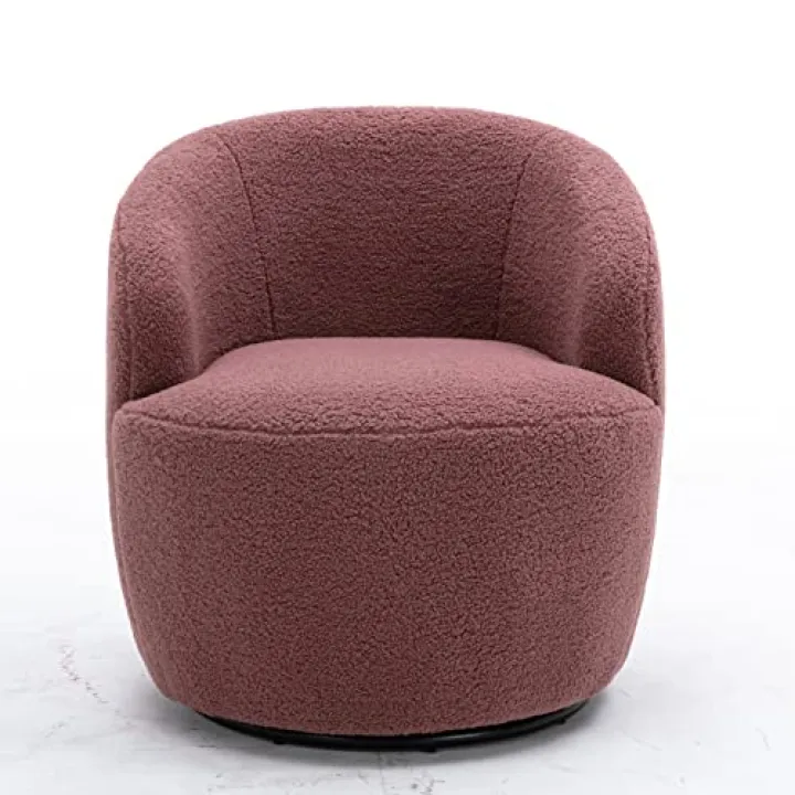 Teddy Boucle Swivel Accent Round Barrel Chair Upholstered Armchair Indoor 360° Swivel Lounge Chair Leisure Chair Small Side Reading Chairs for Club Living Room Hotel Bedroom (Red)
