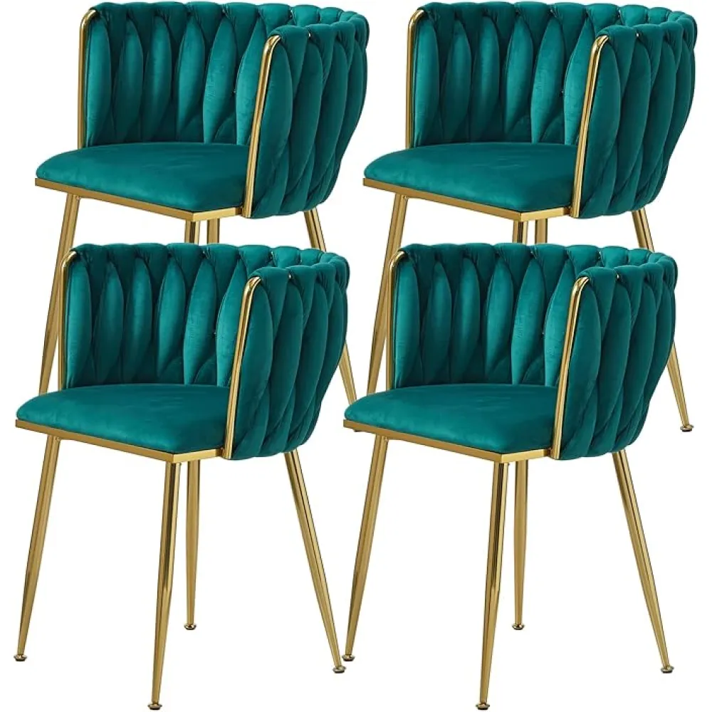 Velvet Dining Chairs Set of 4, Modern Upholstered Dining Room Chairs with Golden Metal Legs and Woven Backrest for Dining Room, Kitchen, Vanity, Living Room (Green)