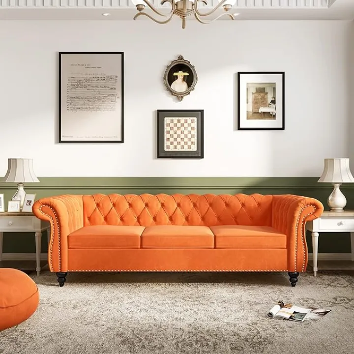 2 Piece Living Room Set, Velvet Chesterfield Sofa Loveseat Couch with Scroll Arms and Nailhead for Living Room, Office (Orange)