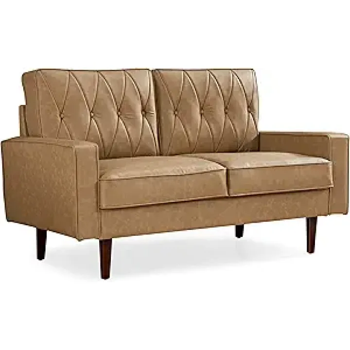 Modern Style Faux Leather Loveseat with Elegant Round Tapered Legs and Button Tufted Backrest Perfect for Living Room, Bedroom or Home Office, 57.5’’ Wide, Camel