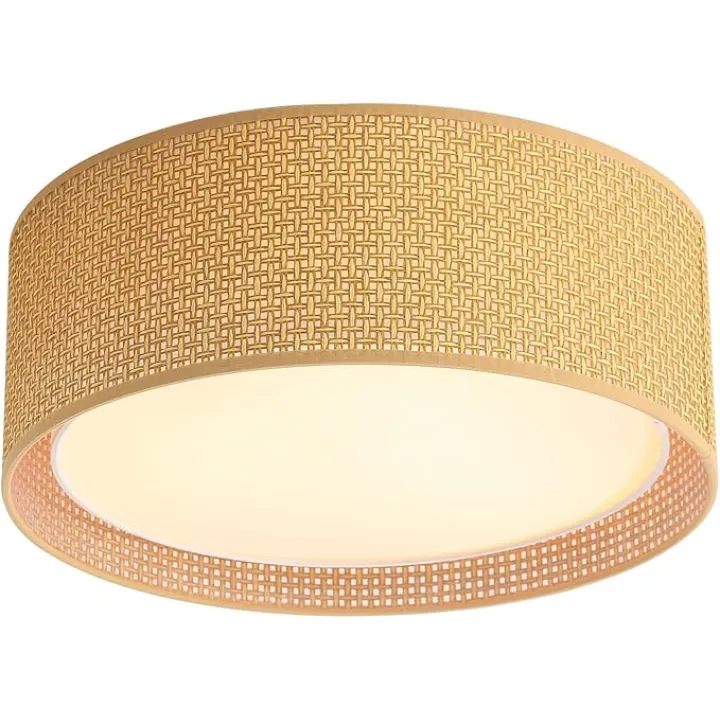 WINGBO 15.7" Modern 3-Light Flush Mount Ceiling Light Fixture with Fabric & Acrylic Double Drum Shade for Bedroom Living Room Dining Room Hallway Entryway, Brown