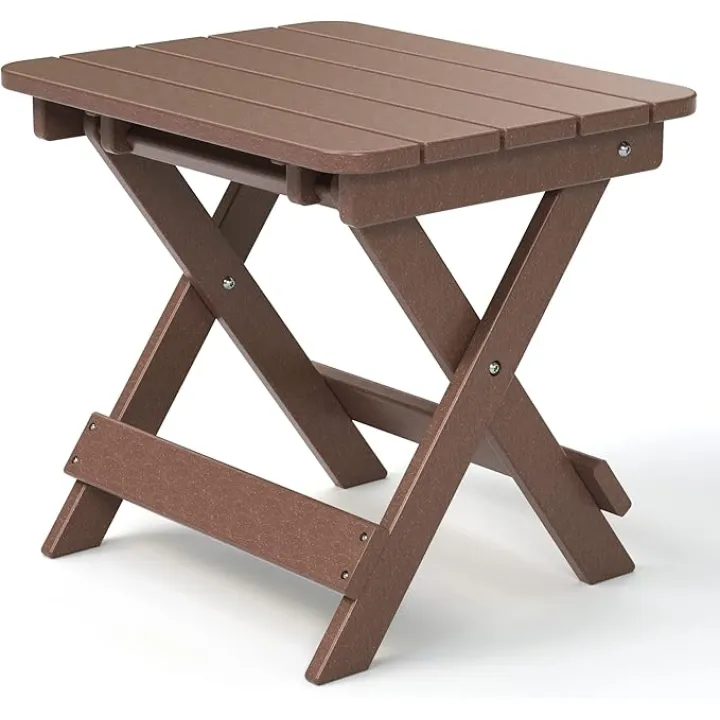 TORVA Outdoor Adirondack Foldable Side Table,Patio End Table for Poolside Garden, Weather Resistant Coffee Table -Plastic High-Density PE（Brown Color-floldable