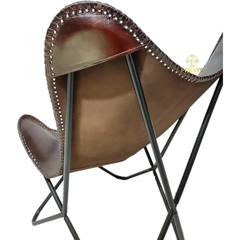 Buffalo Leather Butterfly Chair for Living Room Powder Coated Iron Frame Comfortable Arm Openable Camping Vanity Indoor/Outdoor Chair