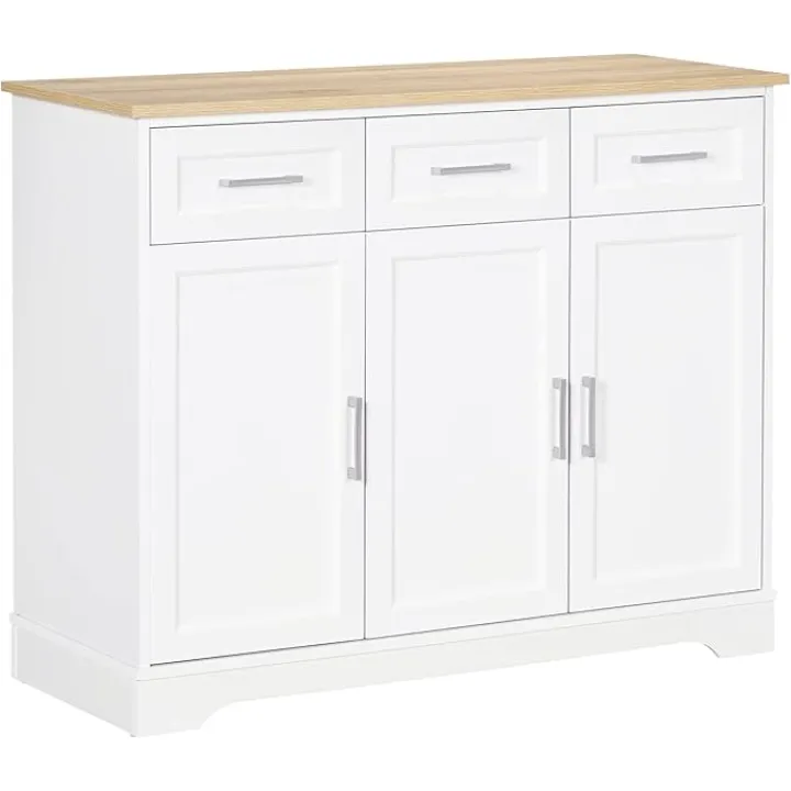 HOMCOM Sideboard Buffet Cabinet with 3 Storage Drawers, Kitchen Cabinet, Coffee Bar, with Adjustable Shelf for Living Room, White