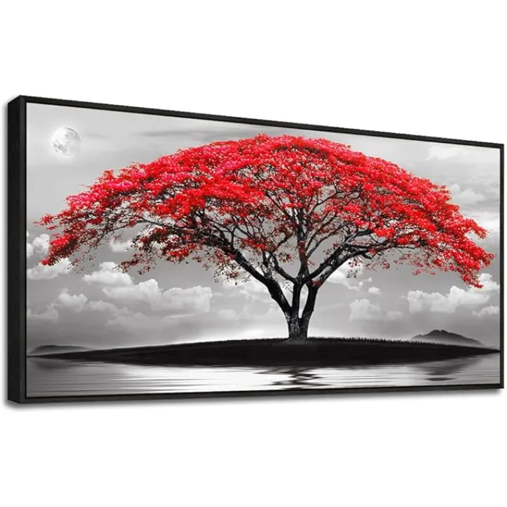Framed Canvas Wall Art For Living Room Bathroom Wall Decor Black And White Landscape Red Tree Moon Scenery Hang Painting Home Decorations For Office Bedroom Kitchen Works Canvas Prints Pictures