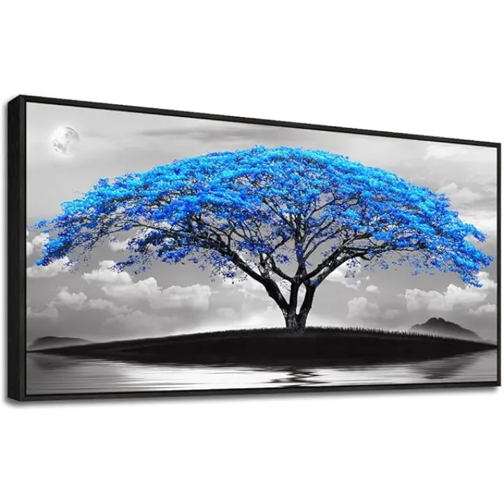 Framed Canvas Wall Art For Living Room Large Size Office Wall Decor Bedroom Decor Wall Pictures Artwork Black And White Landscape Blue Tree Moon Wall Painting Home Decorations Black Frame 20" X 40"
