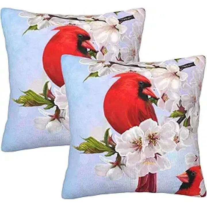 Perinsto Spring Cardinal Birds with Cherry Flowers Throw Pillow Covers Set of 2 Decorative Pillowcases Soft Cushion Covers for Sofa Couch Bed Home Decor, 16"X16"