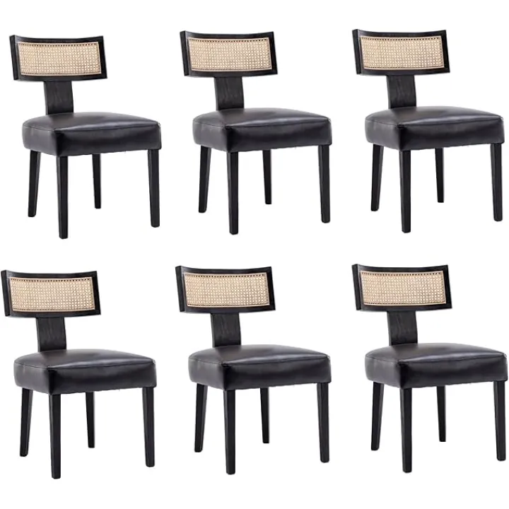 Mid Century Modern Rattan Dining Chairs Set of 6, Farmhouse PU Leather Upholstered Accent Chair Curved Backrest Kitchen Chairs, with Black Hardwood Frame, Black