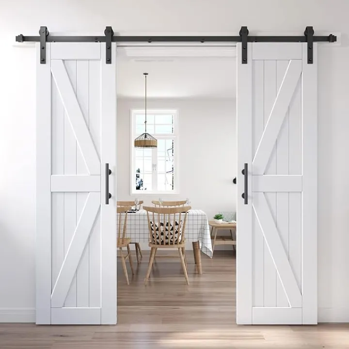 EaseLife 48in x 84in (Double 24in×84in Door) Barn Door with 8FT Sliding Door Hardware & Handle Included,DIY Assemblely,Easy Install,Water-Proof,Apply to Interior Exterior Rooms,K-Frame,White