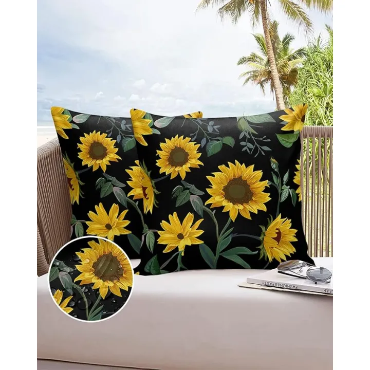 Outdoor Throw Pillow Cover Spring Blossoms Sunflowers Waterproof Cushion Covers 2 Pack Yellow Floral Boho Leaf Plant Pillow Cases Home Decoration for Patio Garden Couch Sofa