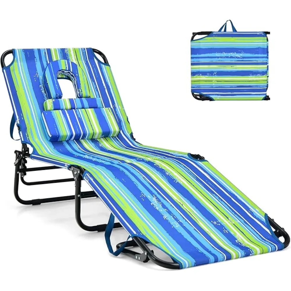 GYMAX Tanning Chair, 350lbs Beach Lounge Chair with Face Hole, Washable Pillow & Carry Strap, Adjustable Folding Chaise Lounge, Layout Chair for Outside, Patio, Poolside, Lawn (1, Stripe)