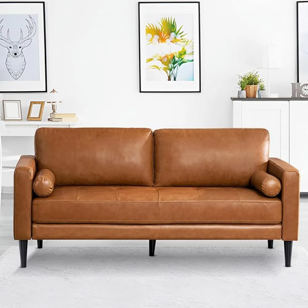 Naomi Home Marisa Genuine Leather Couch - Unparalleled Luxury Mid-Century Leather Couch – The Embodiment of Cozy Lounging and Contemporary Design, Tan