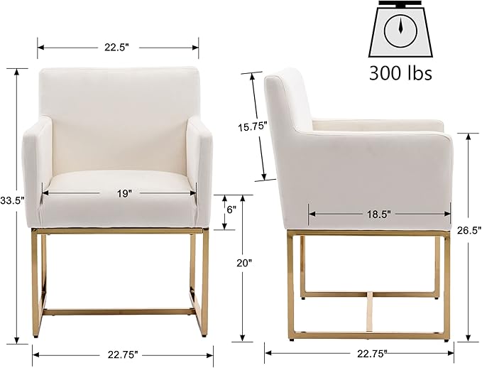 VESCASA Velvet Upholstered Dining Chair with Arms, Mid Century Modern Padded Kitchen Chair with Gold Metal Frame for Restaurant, Dining Room, Set of 2, Cream