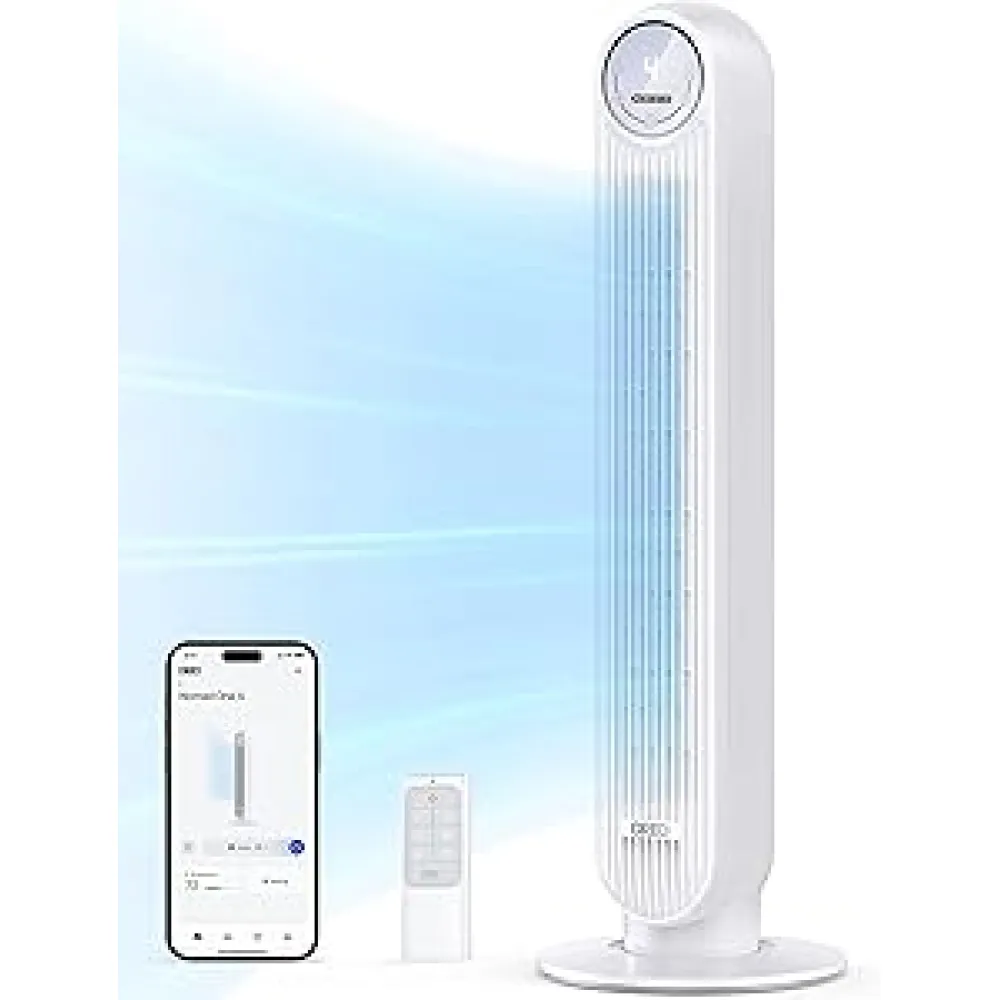 Dreo Tower Fan for Bedroom, 25ft/s Smart Standing Fans, 90° Oscillating Floor Fan with 4 Modes, 4 Speeds, 8H Timer, 28dB, Bladeless, Remote, 28 dB, Works with WiFi Voice Control