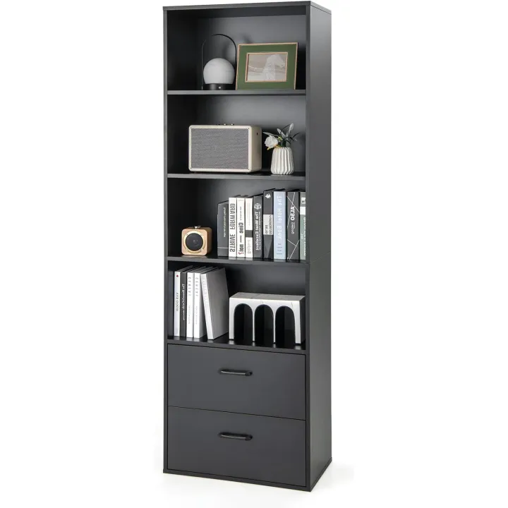 LOKO 74 Inches Tall Bookcase, 6-Tier Modern Tall Storage Cabinet with 2 Drawers & 4 Open Shelves, Freestanding Wooden Bookshelf with Anti-toppling Devices for Living Room, Study, Home Office (Black)