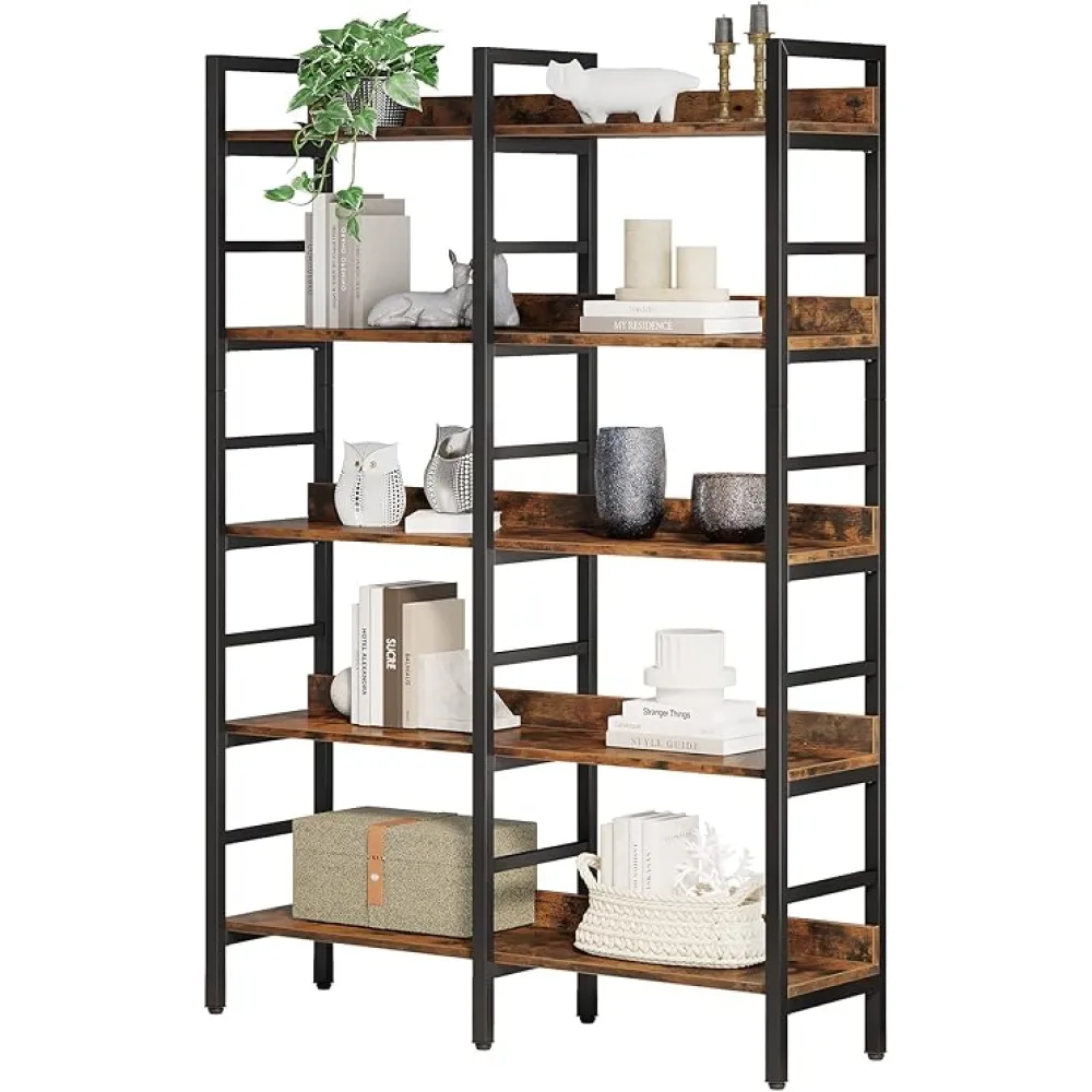 LITTLE TREE 5-Tier Industrial Bookshelf, 70.9” H Double Wide Bookcase, Rustic Brown