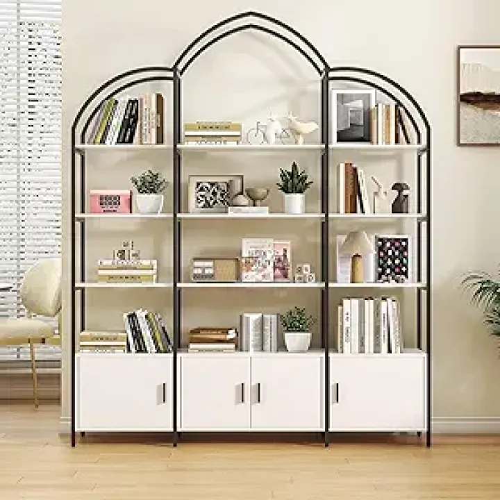 Semoic Arched Bookshelves and Bookcases: Triple Wide 5-Tier Large Open Bookshelf, Etagere Bookcase with Display Shelf for Home Office, White and Black