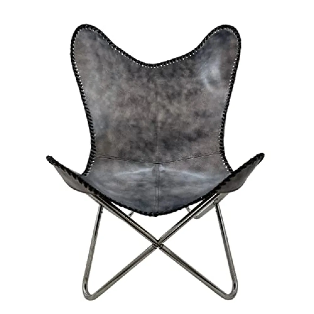 Shy Shy Let's Touch The Sky Leather Chair Living Room Chairs- Grey Leather Butterfly Arm Chair -Handmade with Powder Coated Folding Iron Frame (Vintage Cover with Frame) (Grey+Silver)