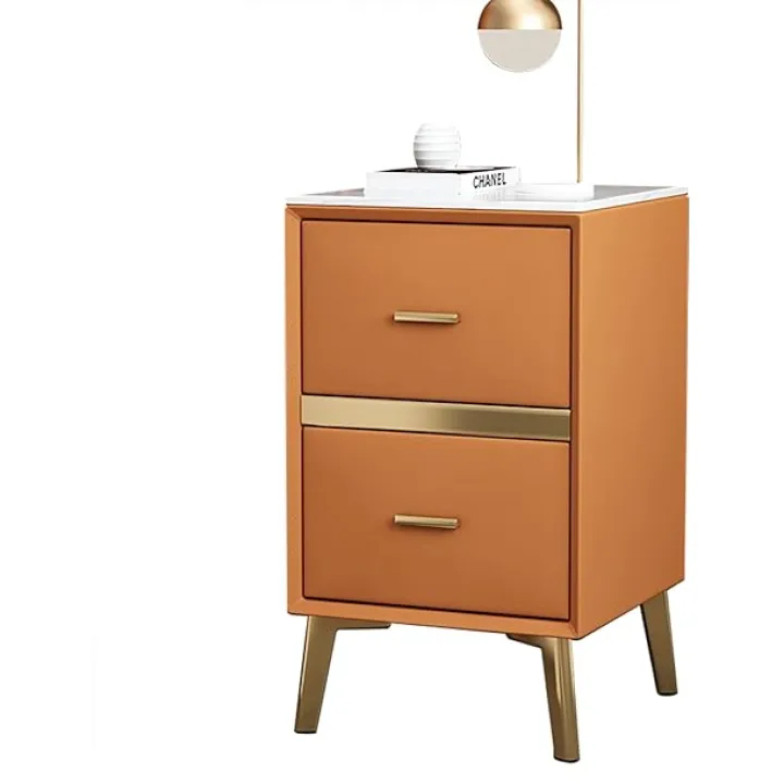 Narrow Side Table NightStand|Microfiber Leather End Table with 2 Storage Drawers|Sintered Stone Countertop Bedside Tables for Small Spaces,Orange,35x35x55cm(13.7x13.7x21.6in)