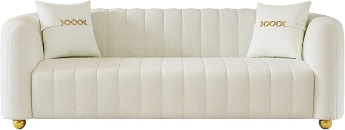 83.46" White Couch for Living Room Large Modern Cream Sofa with Gold Metal Sphere Legs Comfy 3 Seater Cute Sherpa Sofa for Bedroom Office (Teddy Cream White)