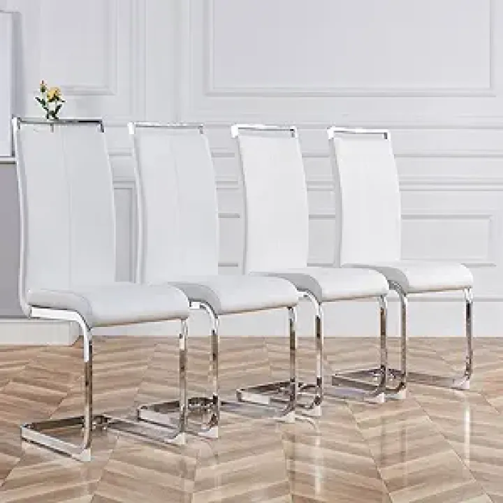 Dining Chairs Set, Kitchen Modern Metal Chairs with Faux Leather Padded Seat High Back and Sturdy Chrome Legs, Chairs for Dining Room (White-1, Set of 4)