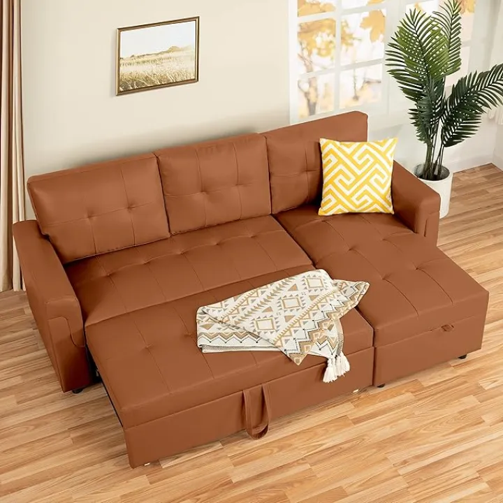 Naomi Home Jenny Sectional Sofa Sleeper with Storage Chaise, Tufted Pull Out Couch with Storage, Sectional Bed, L-Shaped Reversible Sleeper Sofa, Caramel,Air Leather