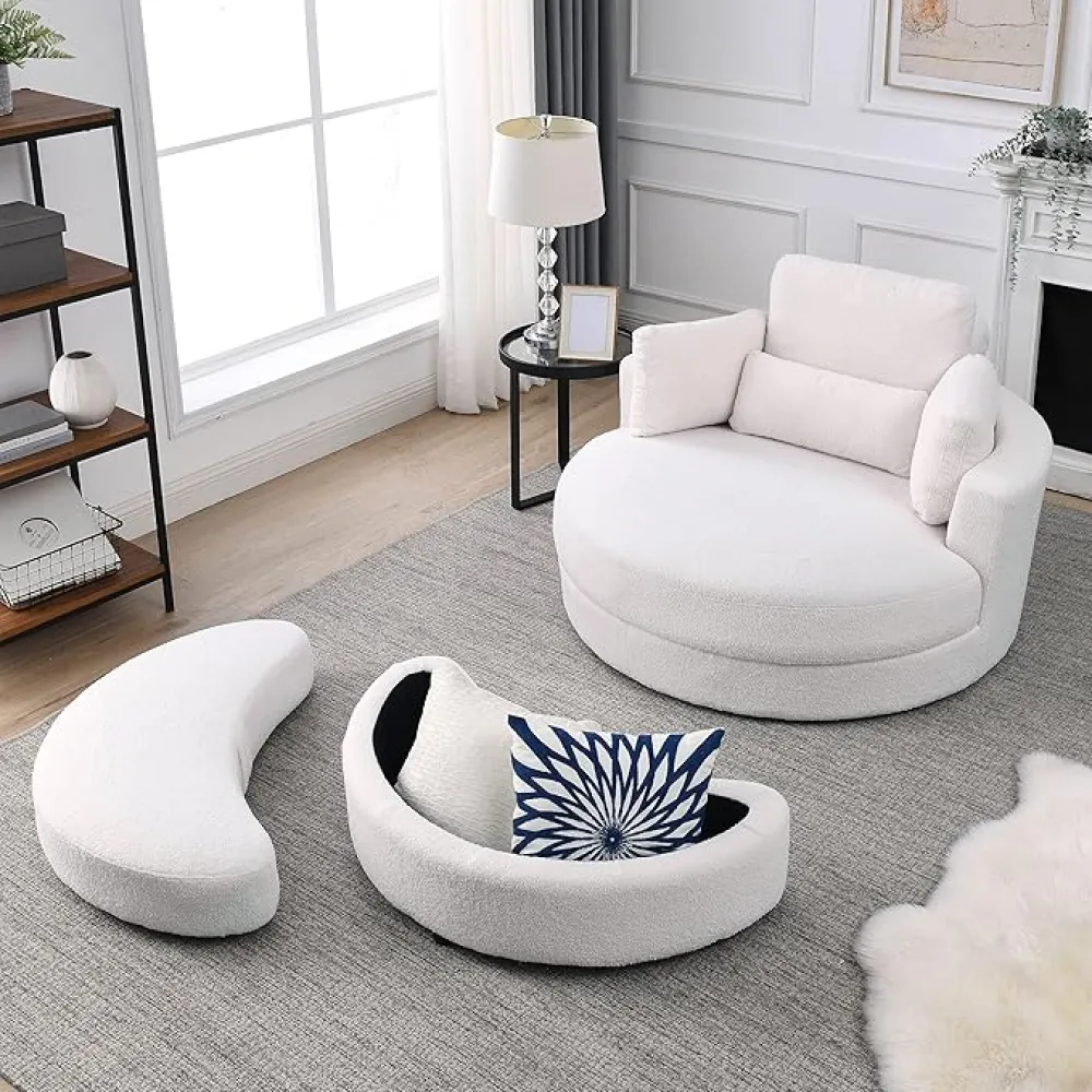 HomSof Swivel Accent Barrel Modern Sofa Lounge Club Big Round Chair with Storage Ottoman Linen Fabric for Living Room Hotel with Pillows，White