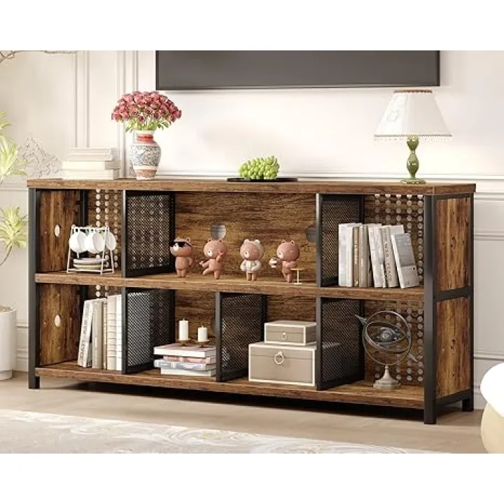 LVB Rustic Horizontal Bookshelf, Industrial Bookcase Cube Storage Organizer, Wide Large Metal Wooden Office Cube Shelf, Farmhouse Low Long Book Shelf for Home Bedroom Living Room, Rustic Brown, 63 in