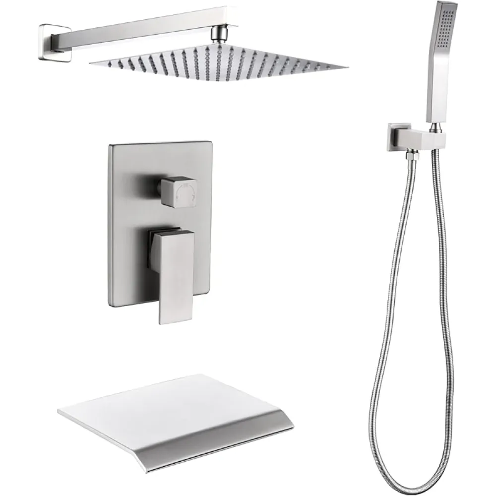 Brushed Brass Shower Faucet Set, 3 Way 10" Wall Mounted Concealed Shower Mixer Set for Bathroom, Rainfall Shower Head with Hand Shower, Rough-in Valve and Trim Kit included
