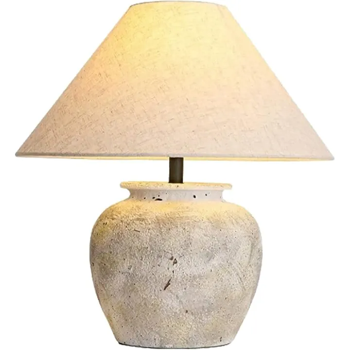 White Rustic Farmhouse Table Lamp 19.6” Tall Ceramic Table Lamp Southwest Handmade Ceramic Lamp Body with Neutral Fabric Drum Shade Decor for Living Room Bedroom Office
