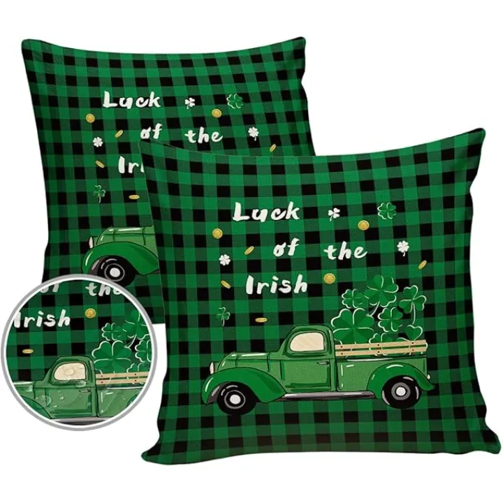 Outdoor Waterproof Throw Pillow Cover St. Patrick's Day Irish Truck with Clover Leaf Decorative Pillows Cushion Covers Green Black Plaid 2 Pack Pillow Cases for Patio Garden Couch Sofa 20x20In