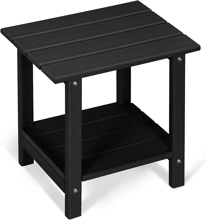 Adirondack Outdoor Side Table, 16.6" Small Patio End Table, 2-Tier HDPE Plastic Table for Poolside Porch Garden, Weather Resistant & Easy Assembly (Black, Rectangle)