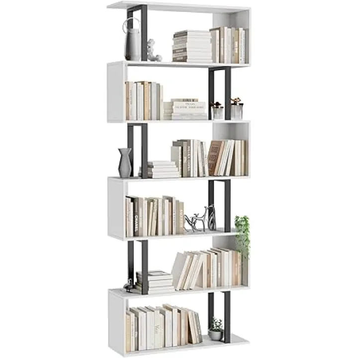 Gadroad 6 Tier Geometric Bookcase,S Shaped Bookshelf, Wood Decorative Storage Shelving, Modern Freestanding Display Shelves, Tall Book Shelf Unit for Living Room Bedroom, White