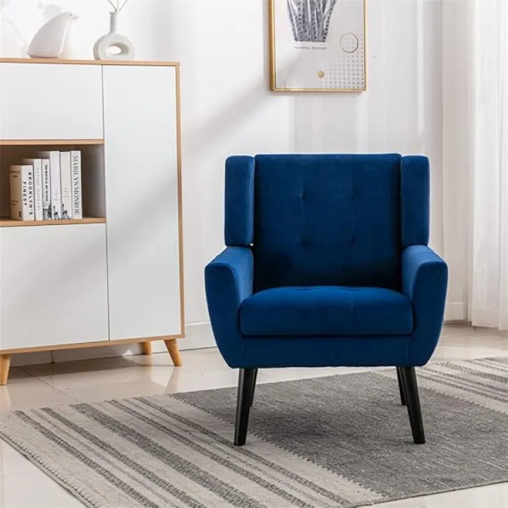 Velvet Accent Chair, Modern Tufted Wingback Armchair Living Room Chair with Solid Wood Legs and Padded Cushion, Comfy Upholstered Single Sofa Chair Leisure Lounge Chair for Bedroom, Navy Blue