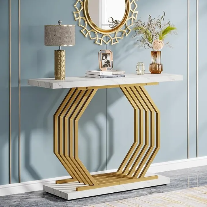 Tribesigns Gold Console Table, Faux Marble Entryway Table Narrow Sofa with Geometric Metal Base, 40 Inch Modern Accent Entrance for Living Room, Hallway, Foyer, White and, F1642-1
